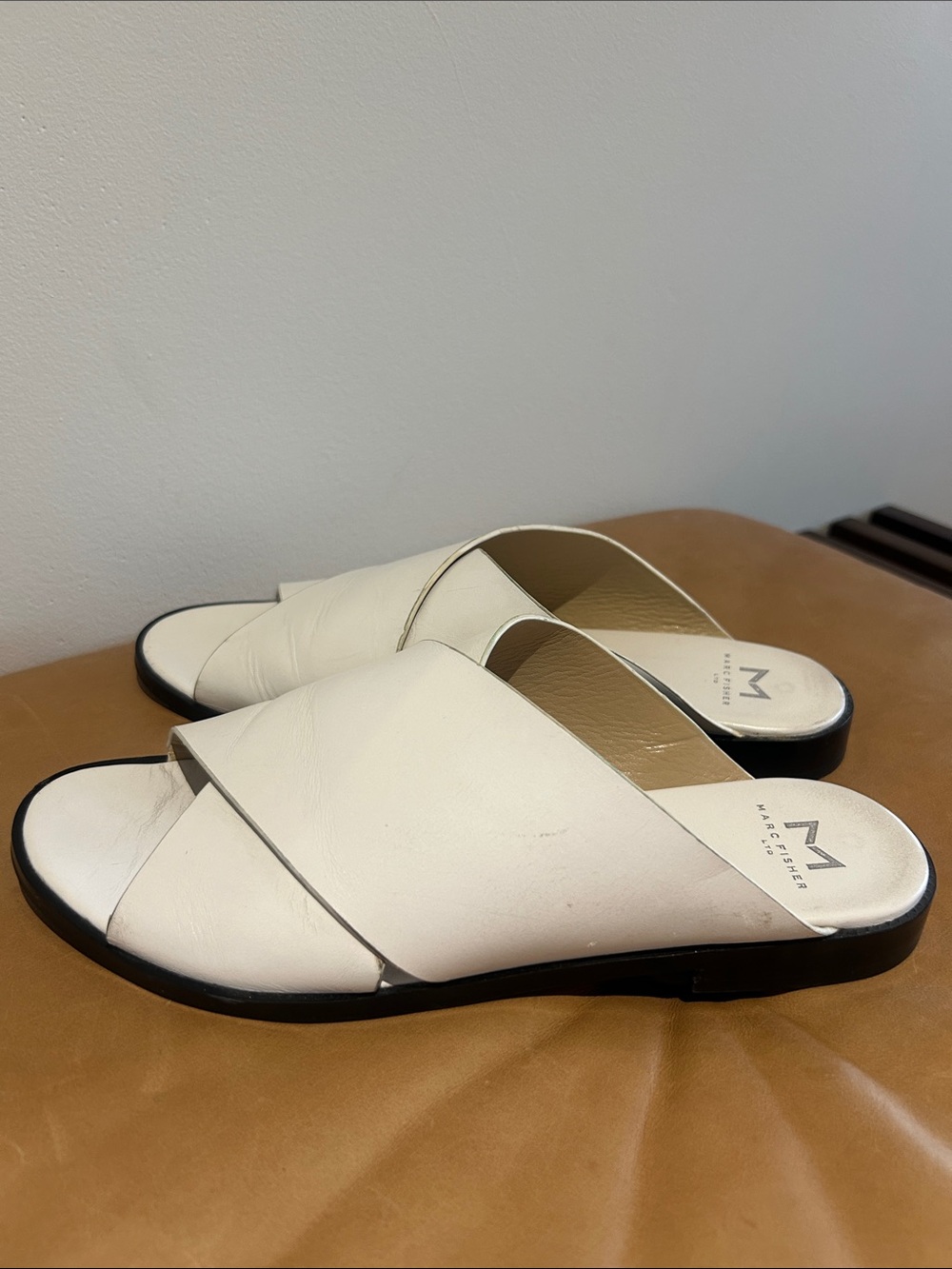 Marc Fisher Cream Cross-Band Leather Slide Sandals